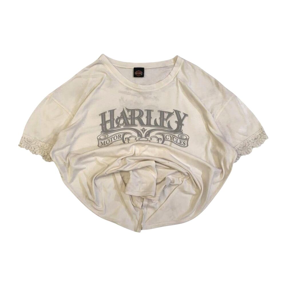 Vintage Harley Davidson Women's Vintage Logo Lace Trim Short Sleeve T White 2XL